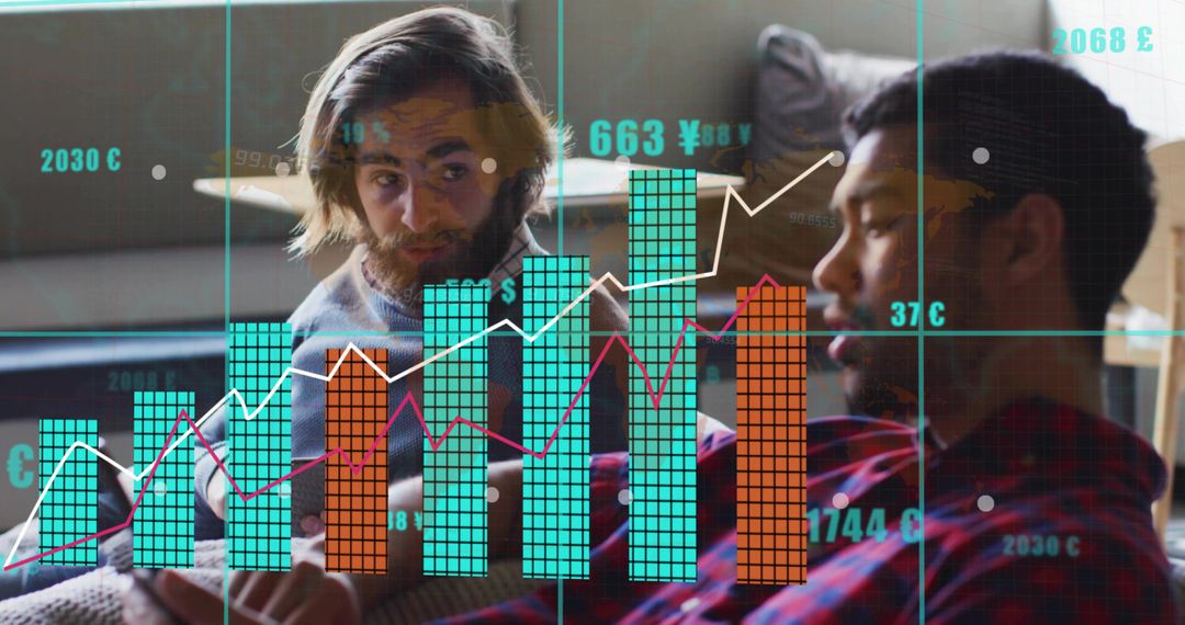 Men in Casual Discussion with Overlaid Financial Graphs