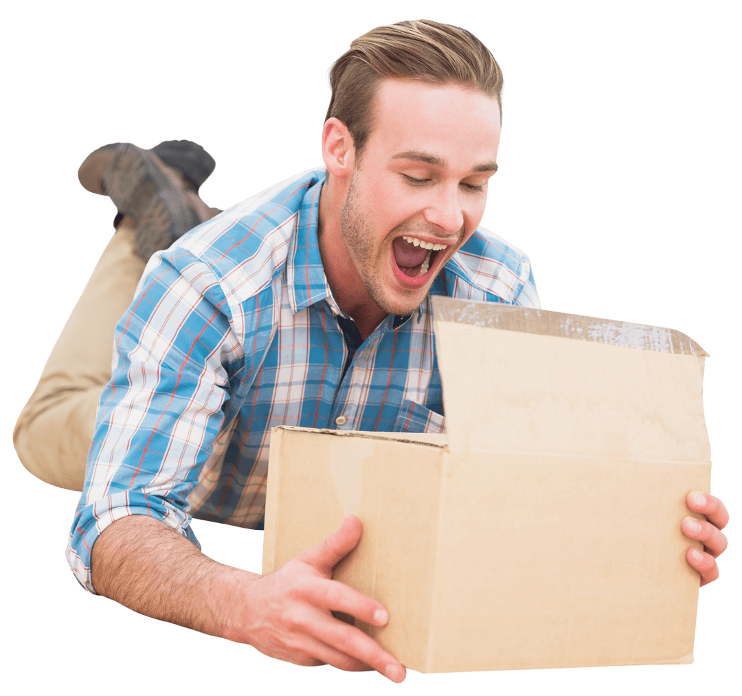 Excited Man Unboxing Cardboard Package Transparent Background