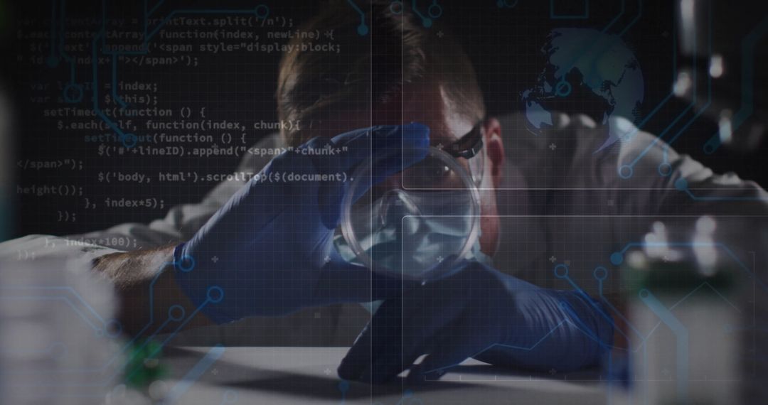 Scientist Analyzing Flask with Digital Code Overlay