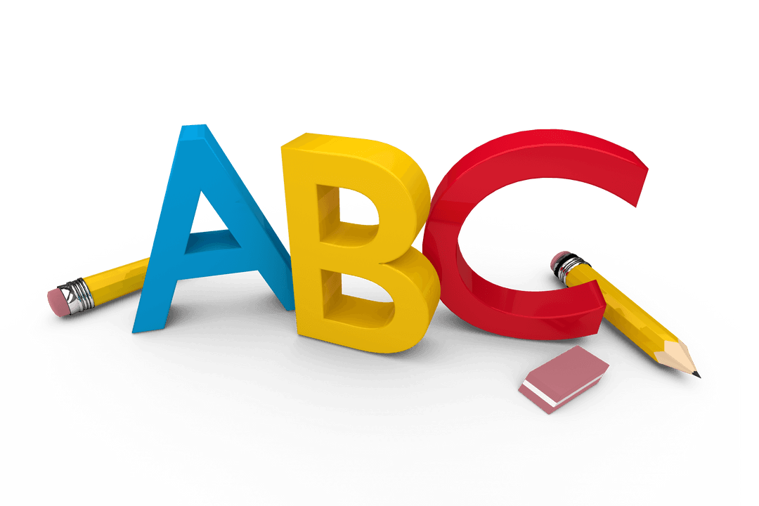 Colorful 3D ABC Letters with Pencils on Transparent Background