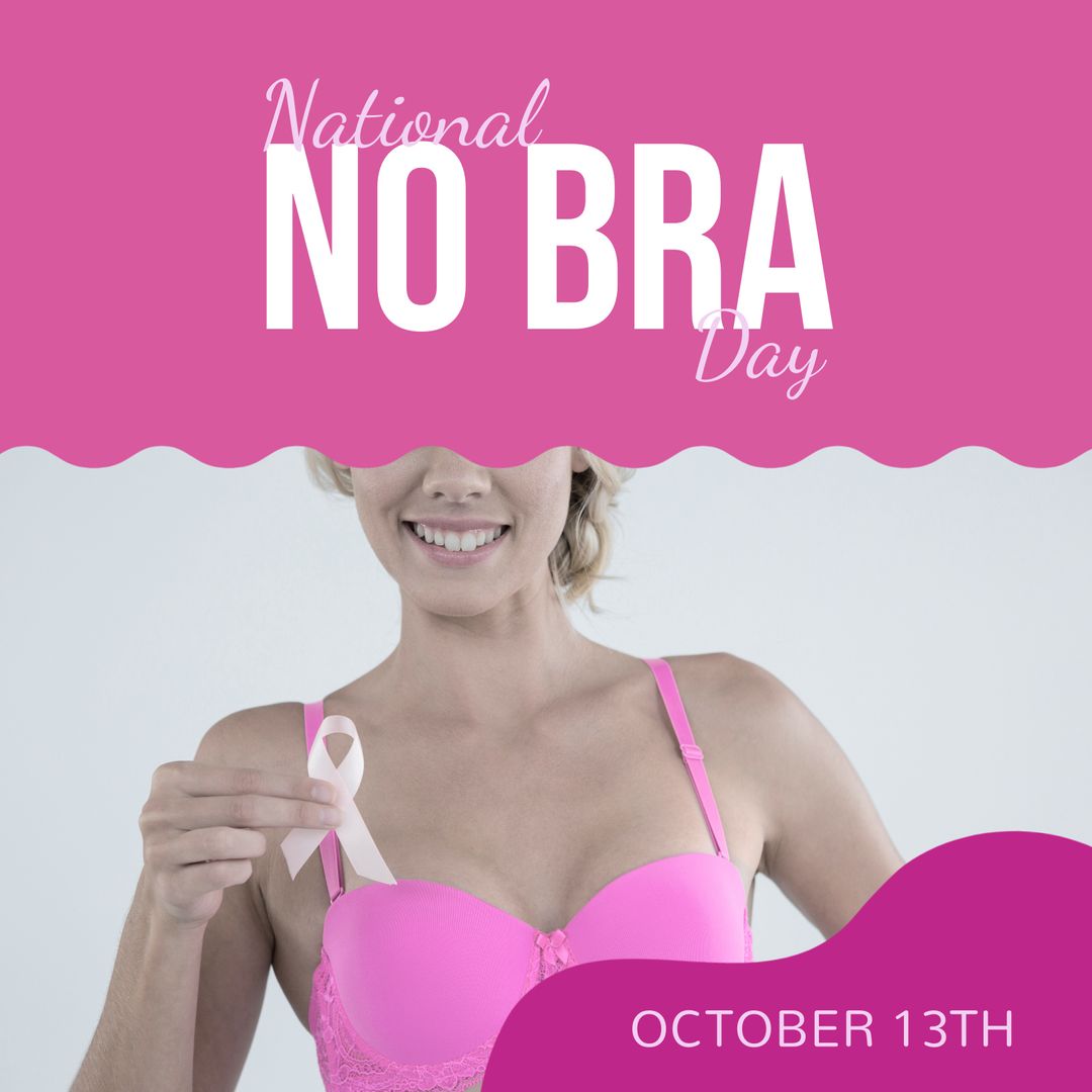 National No Bra Day Awareness with Woman Holding Ribbon, October 13th - Download Free Stock Templates Pikwizard.com