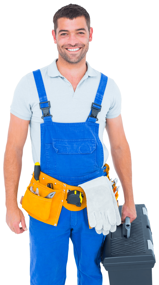 Confident Workman in Blue Overalls Holding Toolbox