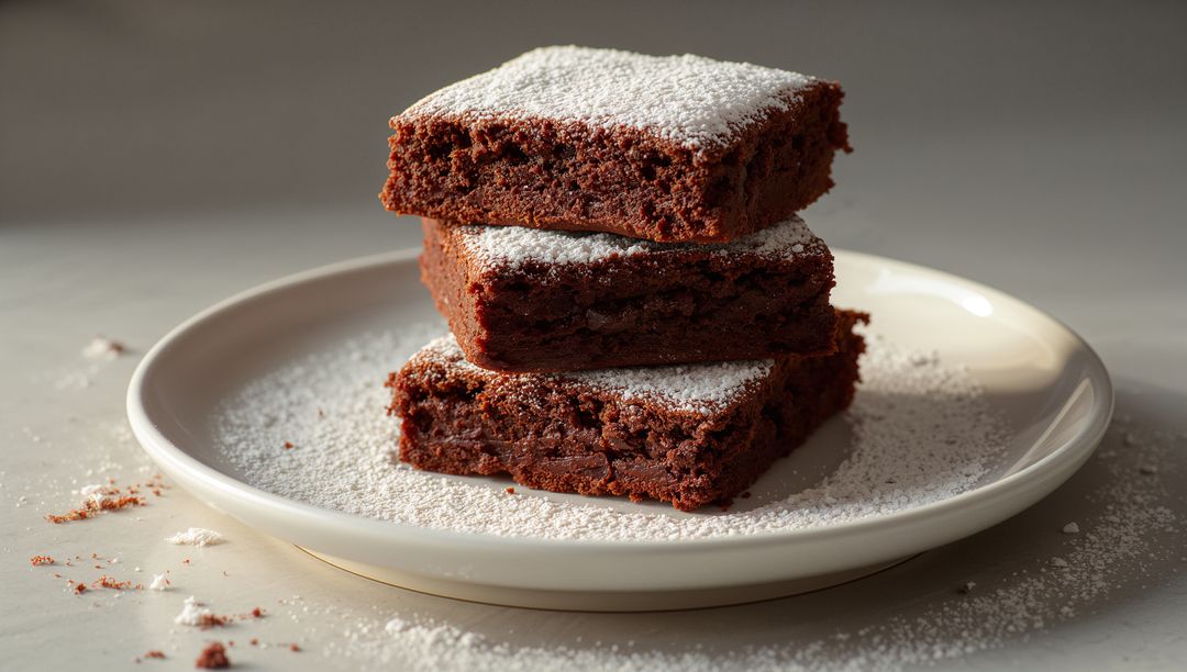 Chocolate Brownie Squares Stacked Dusting Powdered Sugar on Porcelain Plate Closeup