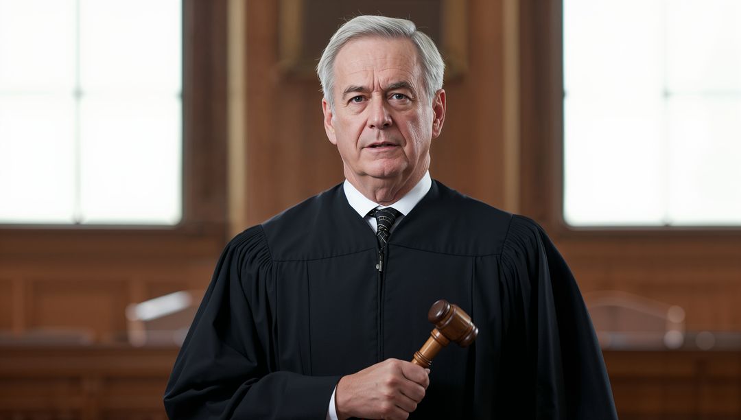 Senior Judge Holding Gavel Facing Forward in Courtroom Robe Conveying Legal Authority
