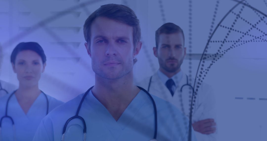 Medical Professionals with DNA Strand Overlay Represent Science Innovation