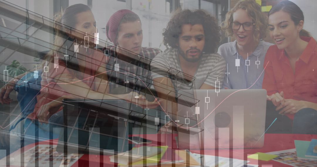 Diverse Team Analyzing Financial Data on Laptop with Graph Overlays