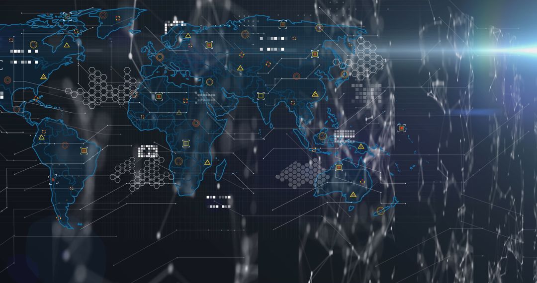 Digital World Map with Data Icons on Black Background