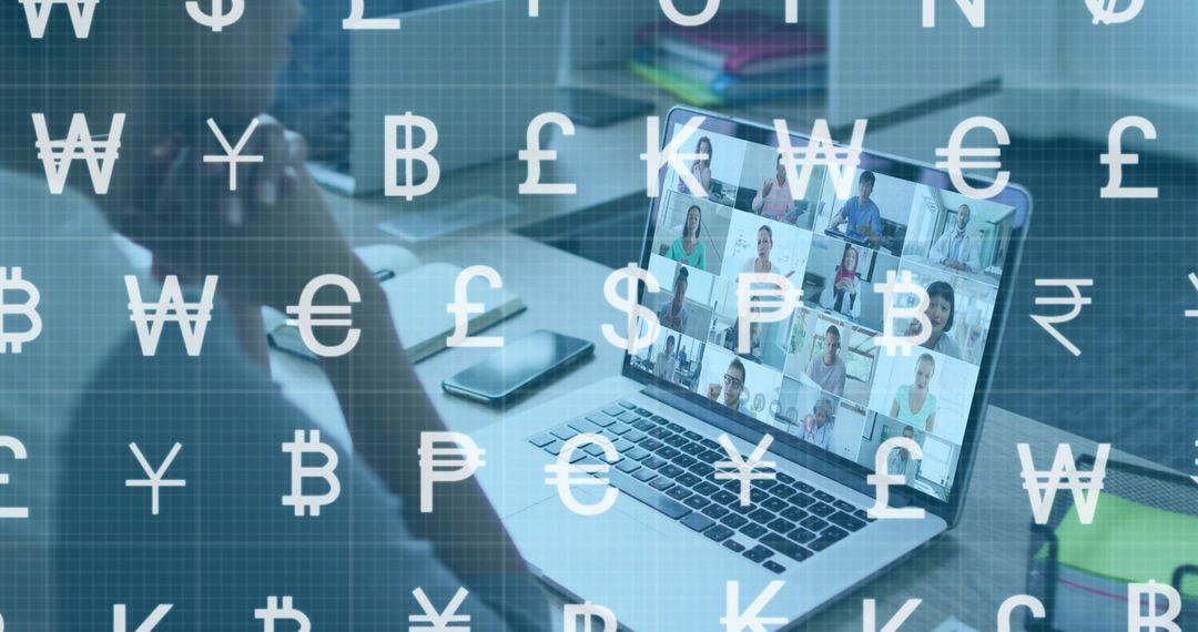 Remote team collaborating on virtual meeting with global currency overlay