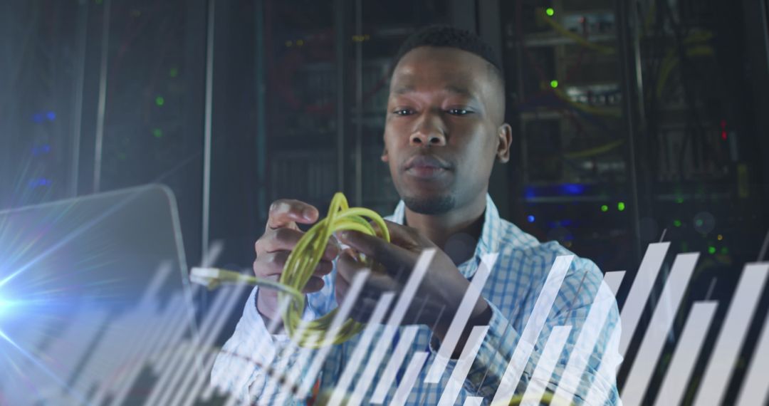 IT Technician Analyzing Data in Innovative Server Room Environment