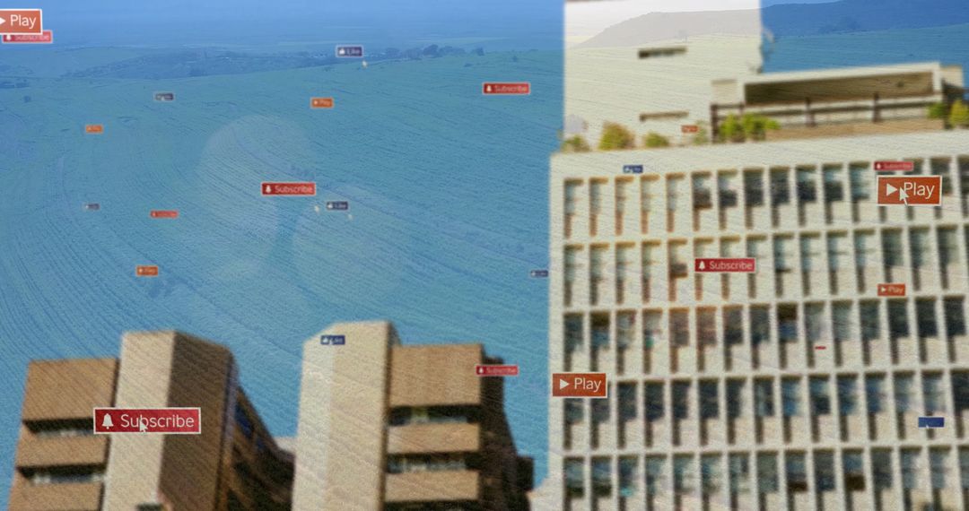 Modern Office Towers with Digital UI Elements over Landscapes