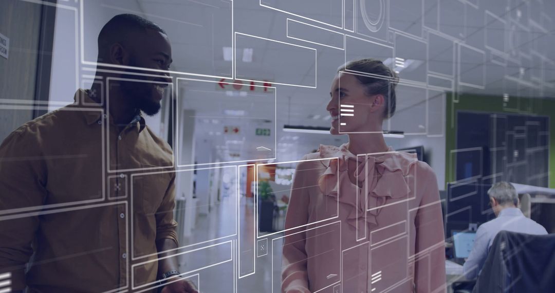 Colleagues Discussing Interface Design with Transparent Wireframe Diagrams