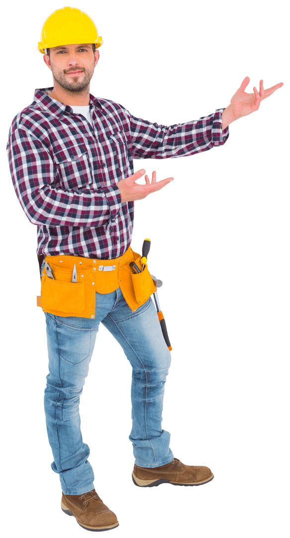 Transparent Handyman Presenting Product with Tools and Hard Hat