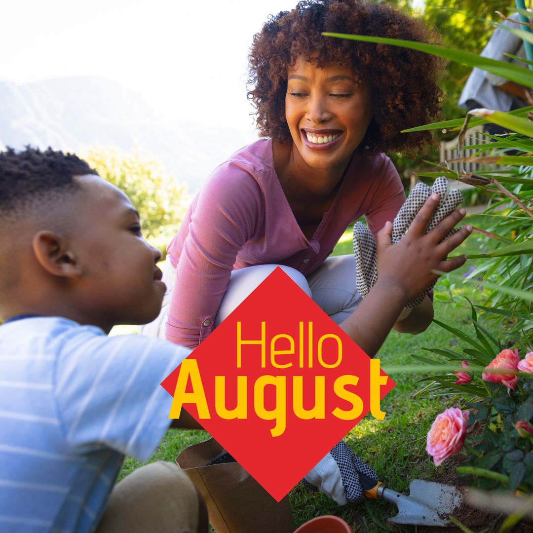 Mother and Son Joyful Summer Gardening with Hello August Text