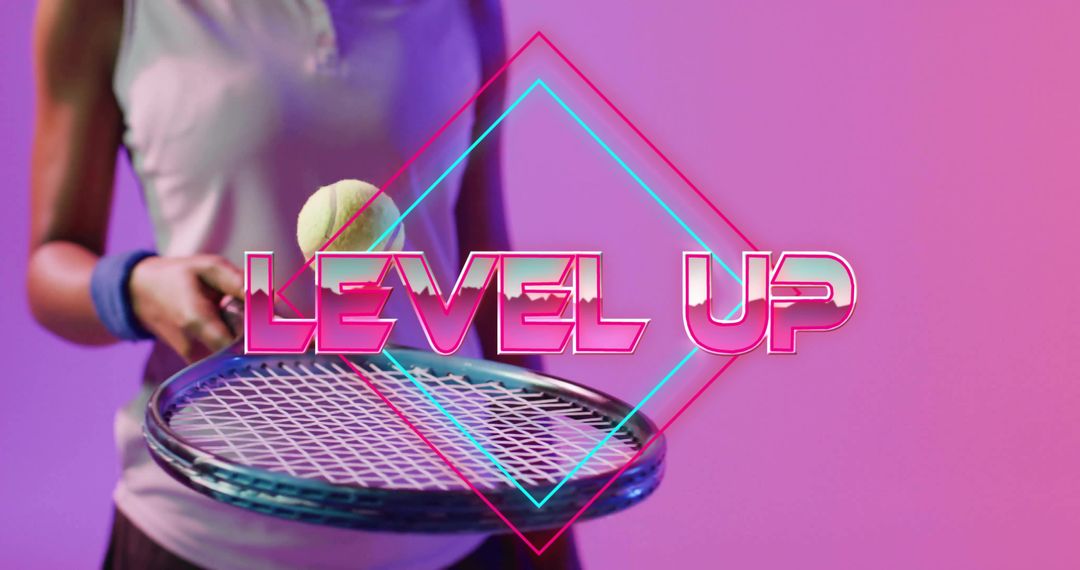 Tennis Player Balancing Ball on Racket with Neon Level Up Graphic, Pink Purple Fitness