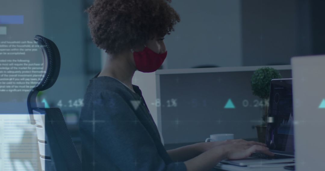Businesswoman in Office Analyzing Data with Face Mask