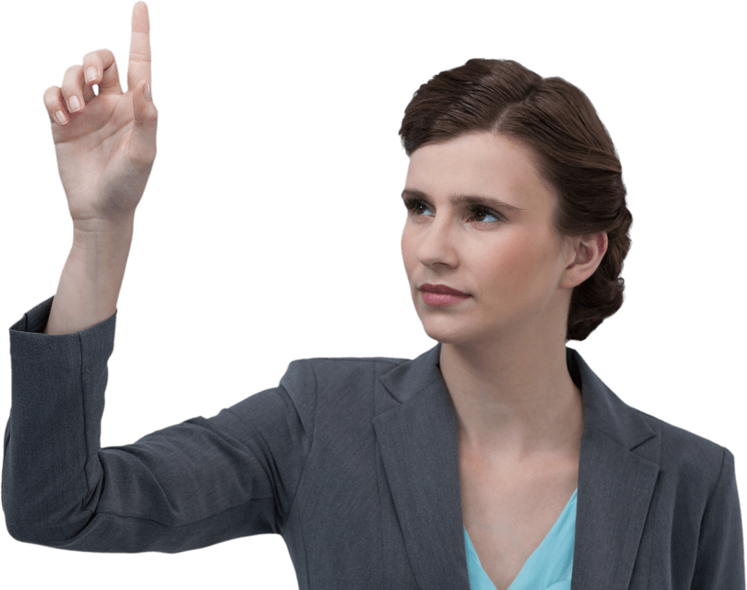 Businesswoman Touching Invisible Interface on Transparent Background