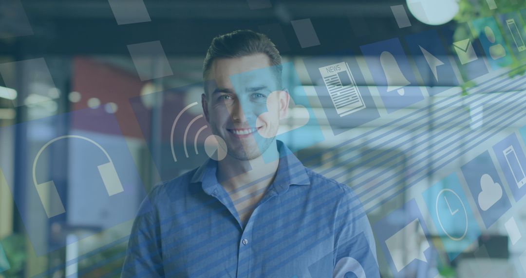 Businessman with Data Processing Interface in Modern Office