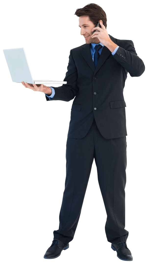 Confident Businessman in Suit, Using Laptop and Phone Advisory Engage