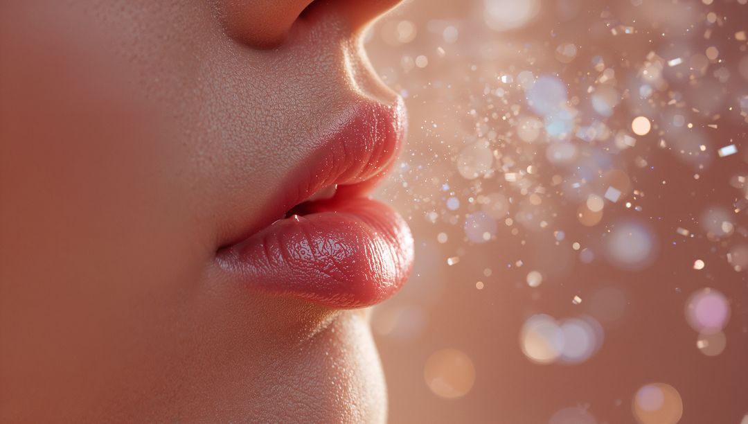Glossy lips exhaling glitter, macro beauty close-up with shimmer sparkles and bokeh