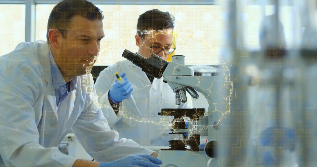 Scientists Analyzing Samples with Microscope in Modern Laboratory