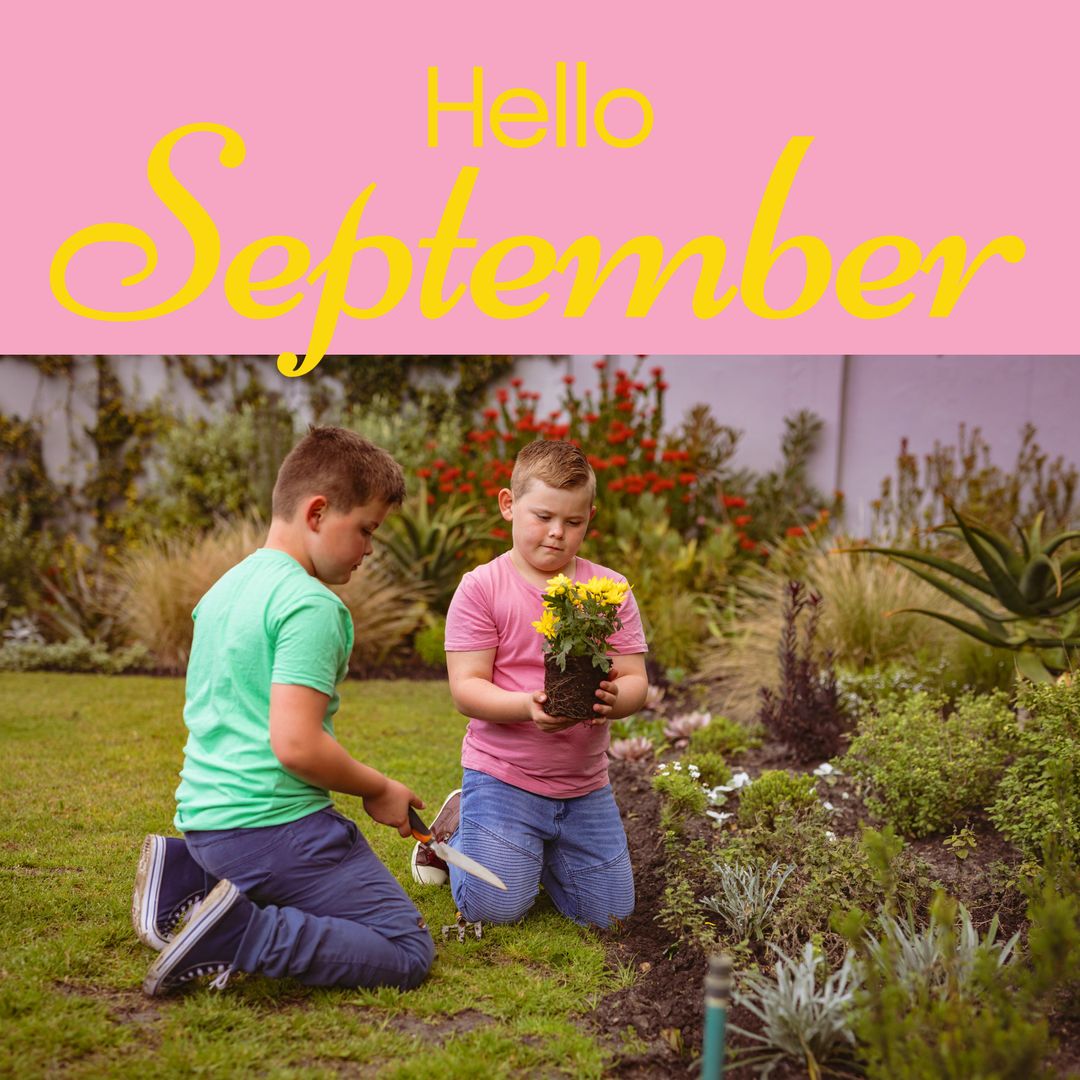Happy Kids Gardening in Hello September Concept