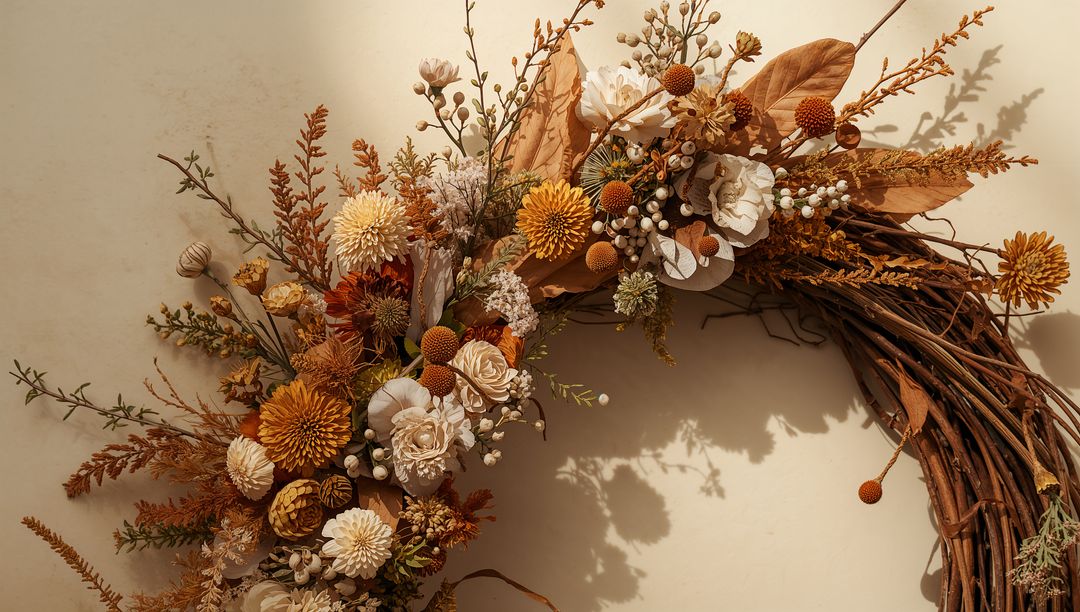 Rustic Autumn Grapevine Crescent Wreath with Dried Flowers, Billy Balls and Pinecones