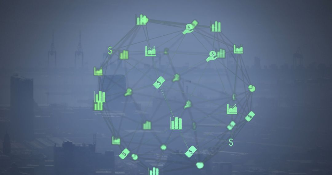Digital Interface with Financial Icons Over Urban Skyline