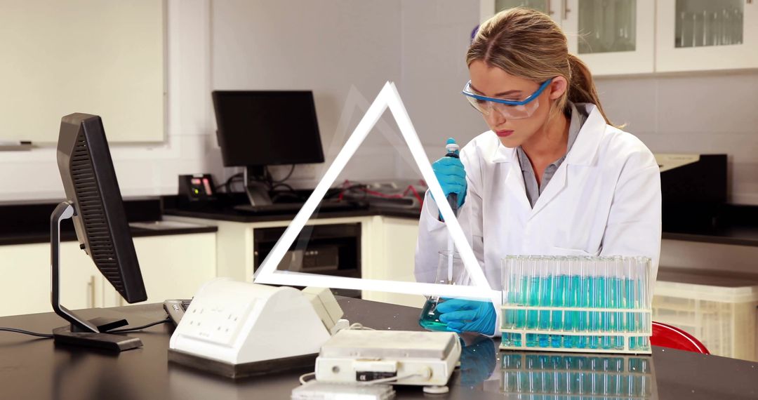 Scientist Conducting Experiment with Geometric Overlay