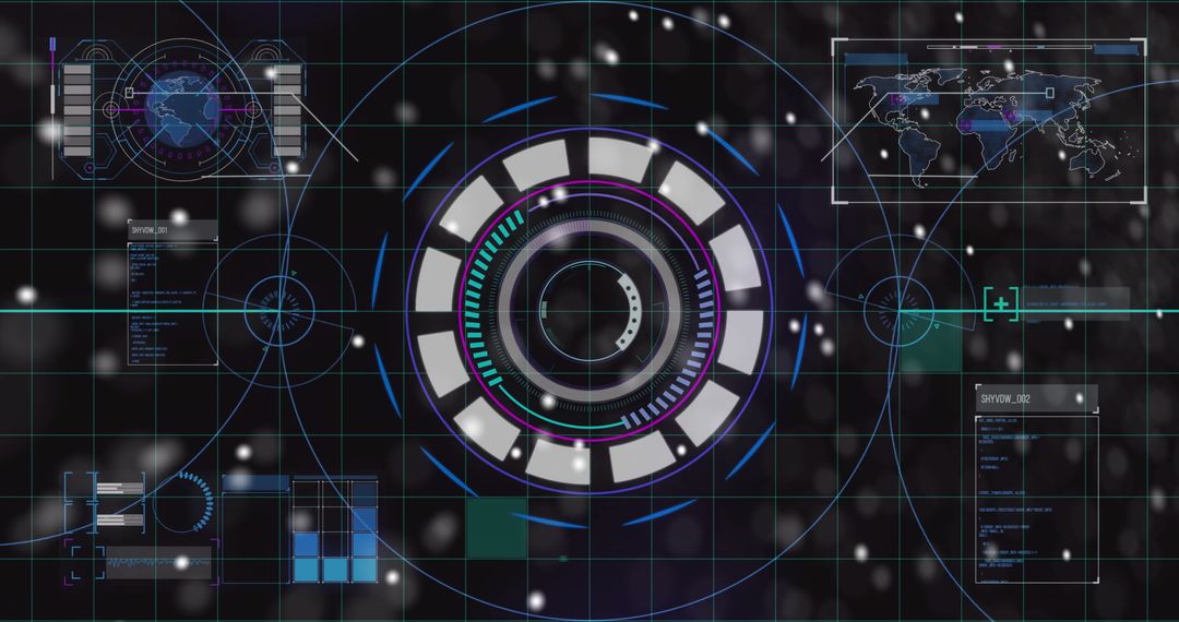 Futuristic Digital Interface with Circular Data Elements and Cyber Themes