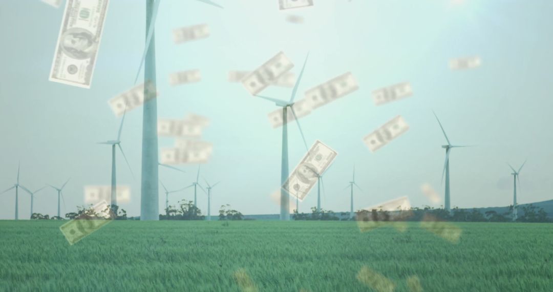 Wind Turbines in Green Field with Falling Money Symbolizing Renewable Energy Investments