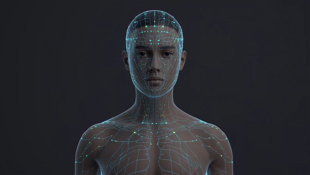 Futuristic Androgynous Humanoid with Digital Node Mesh