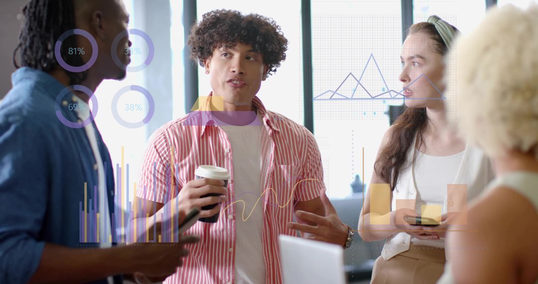 Young professionals discussing data visualizations and analytics in collaborative meeting