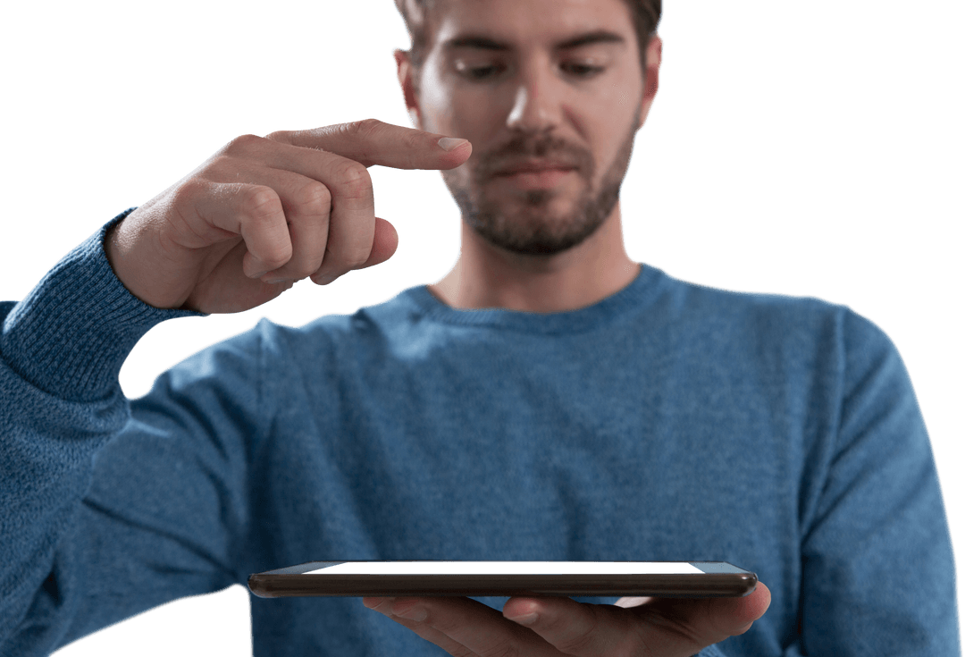 Man Interacting With Tablet Isolated On Transparent Background