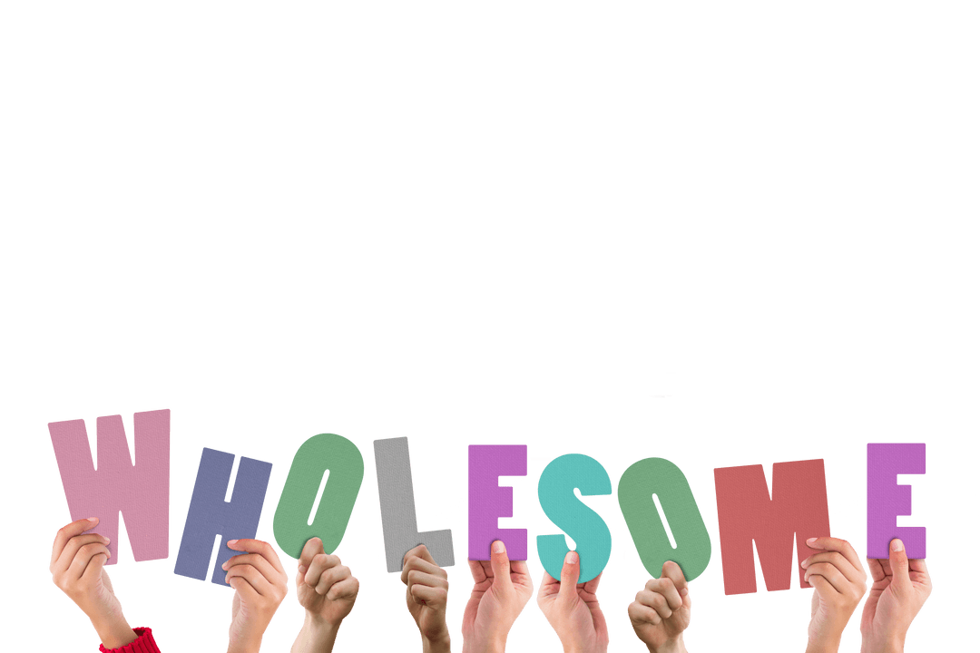 Hands Holding Wholesome Text on Transparent Background