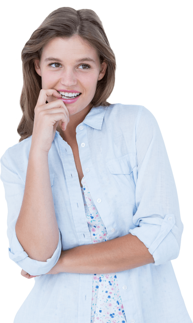 Transparent Smiling Woman Biting Finger in Thoughtful Pose