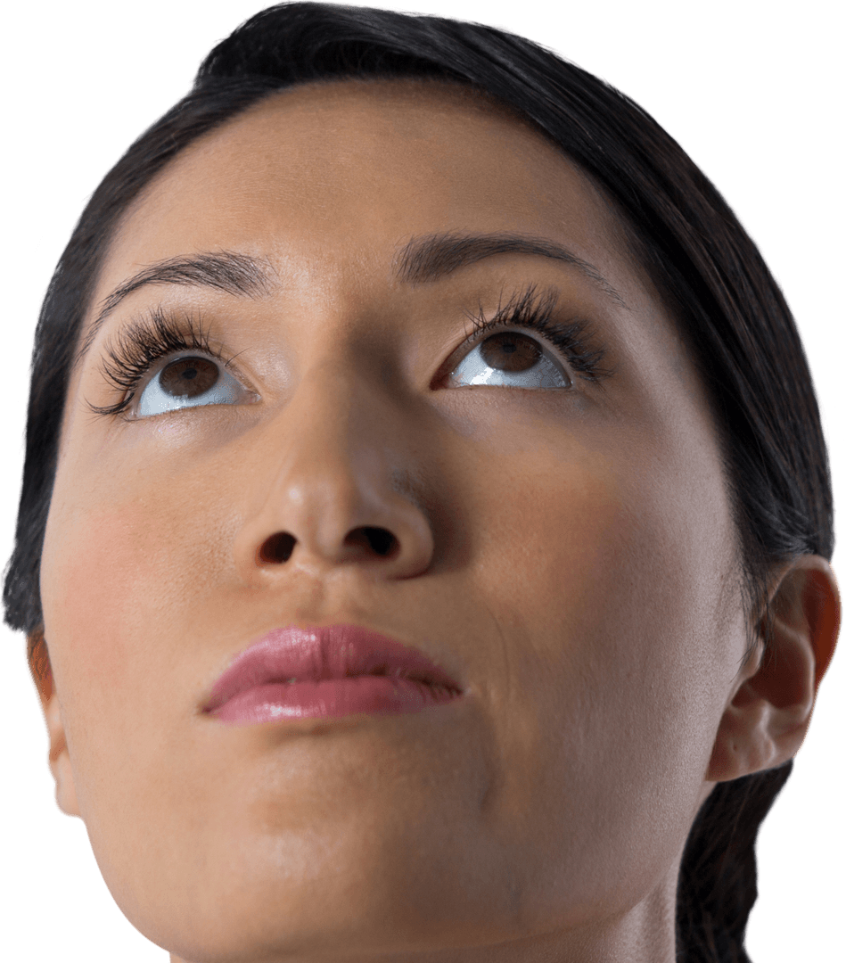 Transparent Close-Up of Thoughtful Woman's Face Looking Upwards