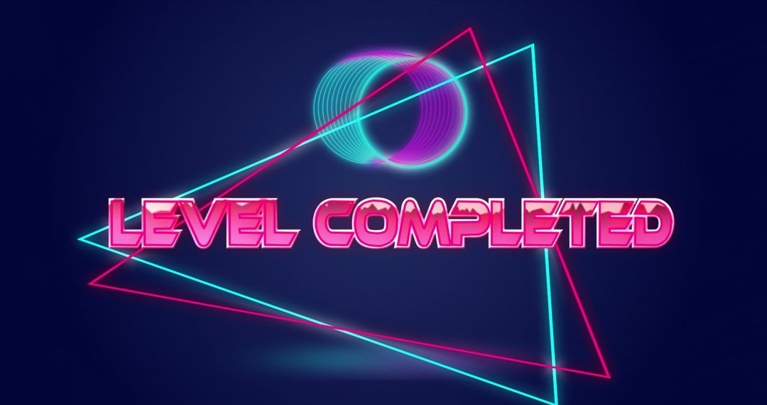 Retro Neon Level Completed Banner with Triangular Graphics
