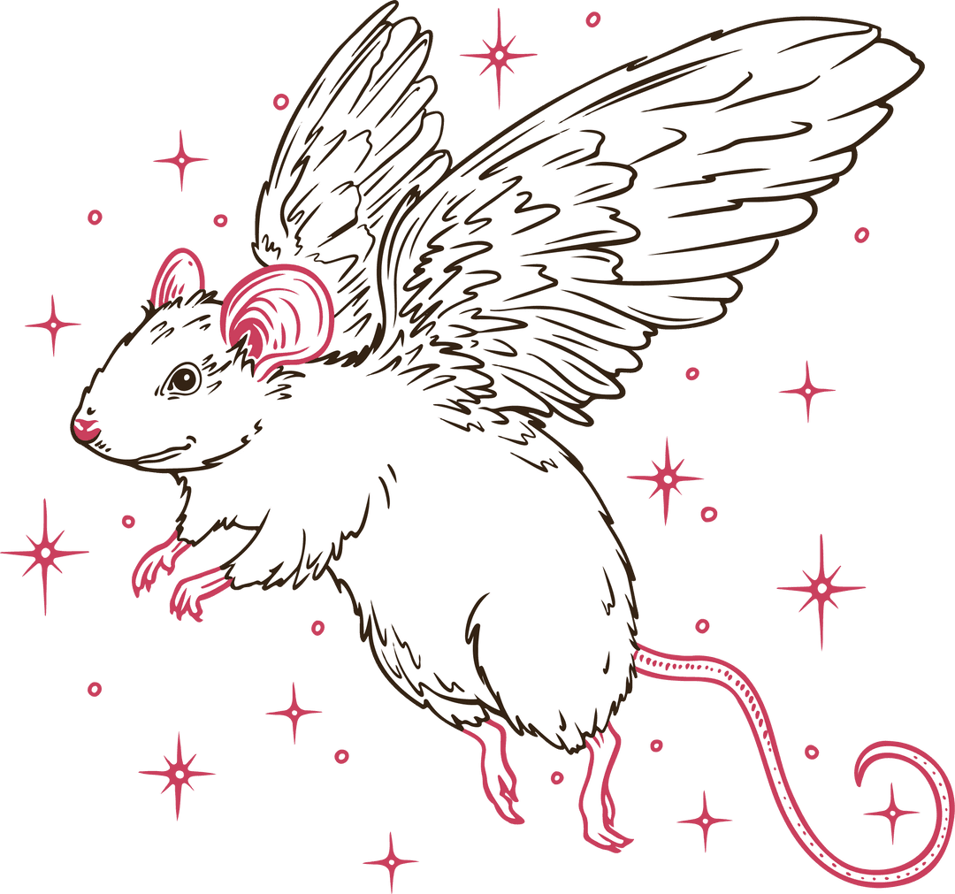 Whimsical Winged Mouse with Red Stars on Transparent Background