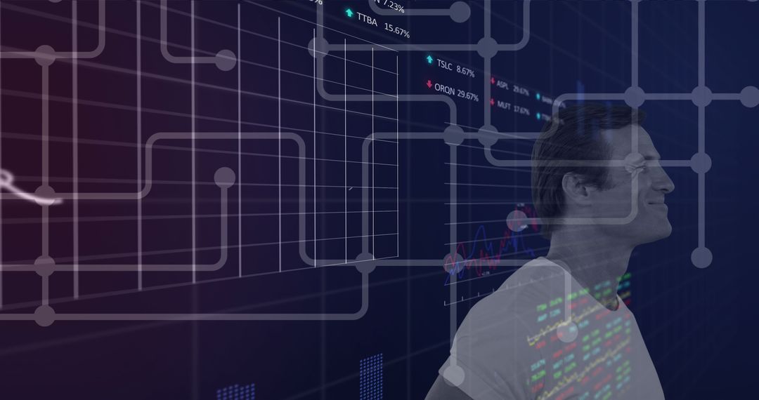 Caucasian Man Engaging with Digital Data Interface