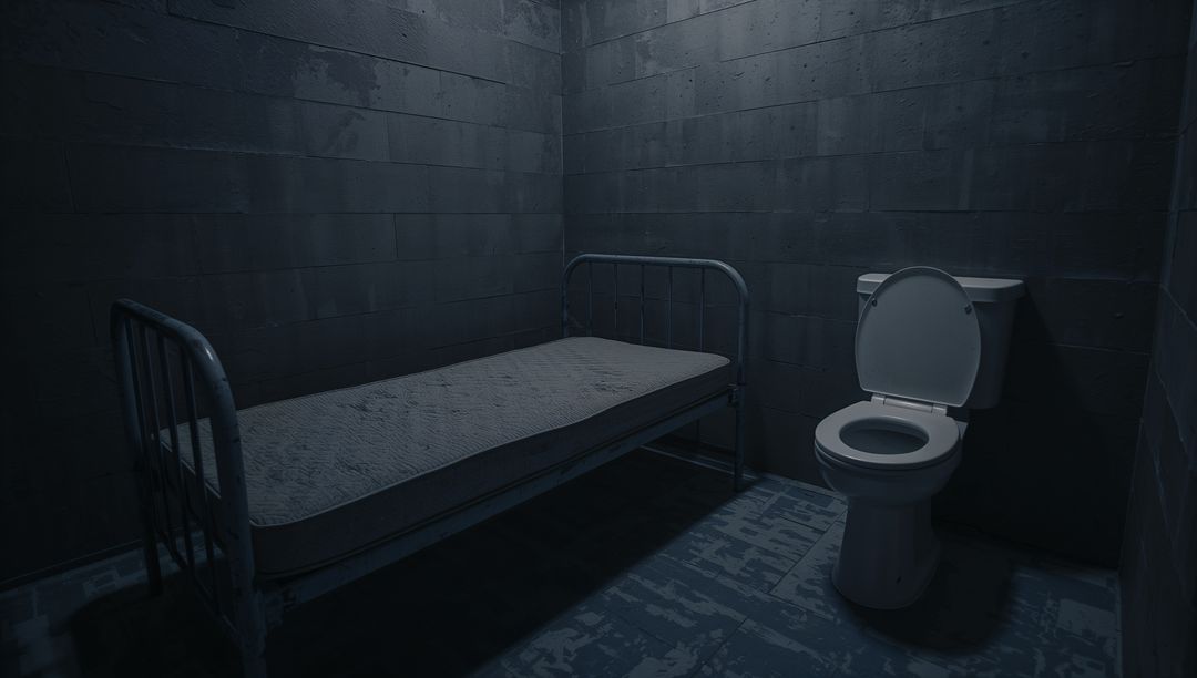 Bleak Prison Cell Room With Bed and Toilet