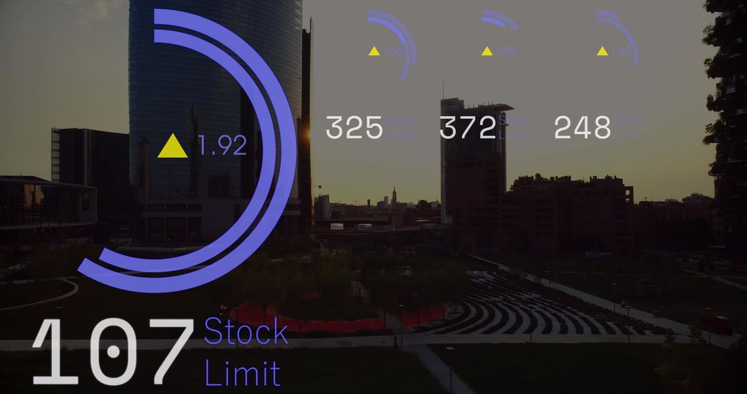 Aerial View of Cityscape with Dynamic Stock Market Data