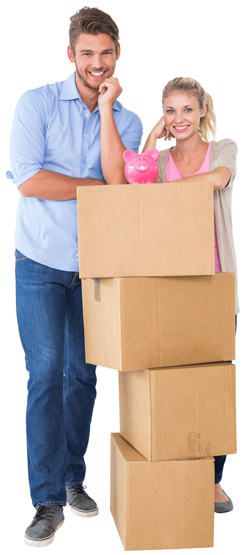 Smiling Couple with Moving Boxes and Transparent Piggy Bank