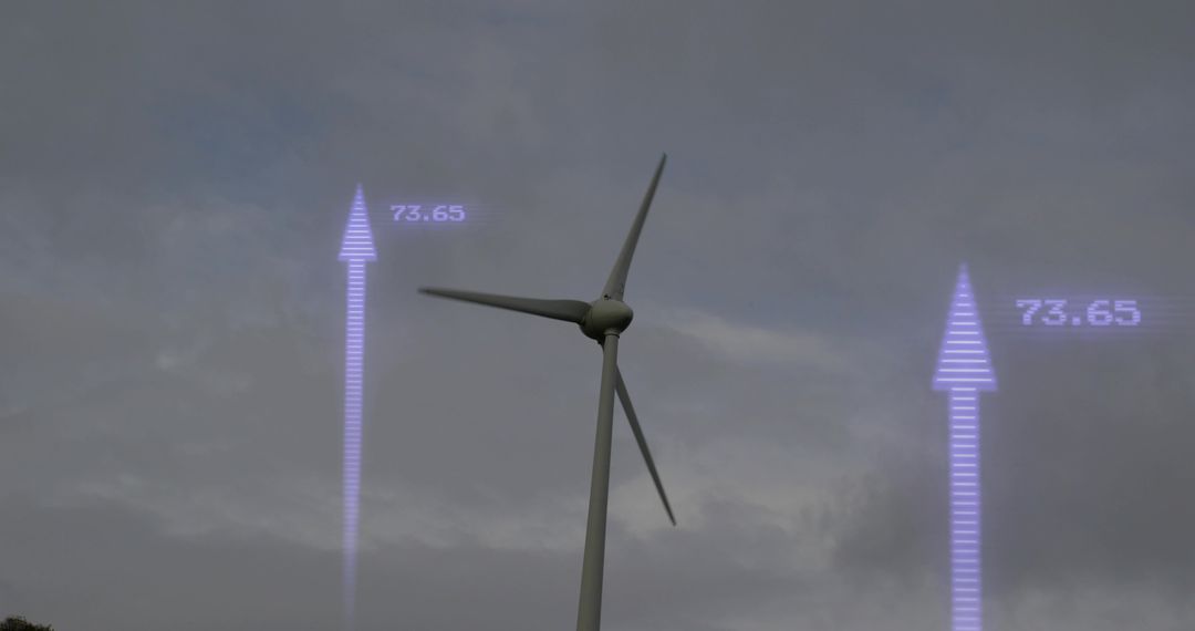 Utility-Scale Wind Turbine Turning with Purple Digital Arrows Showing 73.65 under Overcast Sky