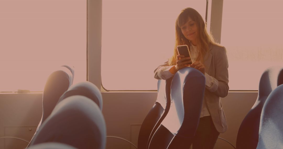 Businesswoman Using Smartphone on Commuter Bus