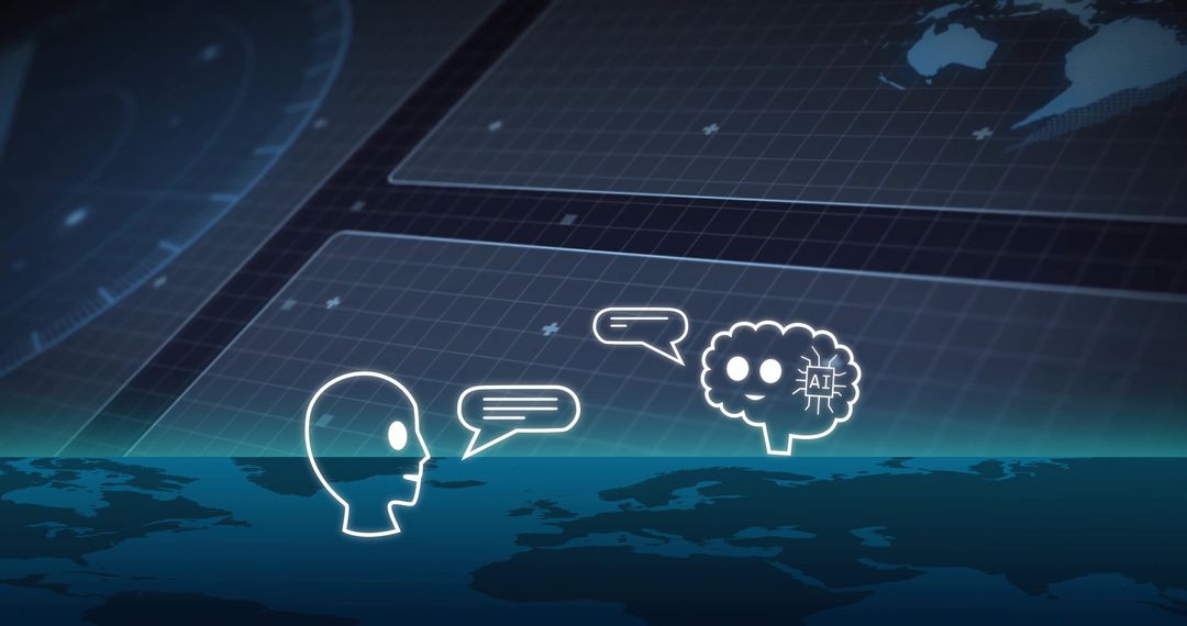 Futuristic Dialogue Between Human Head and AI Brain on Digital Interface