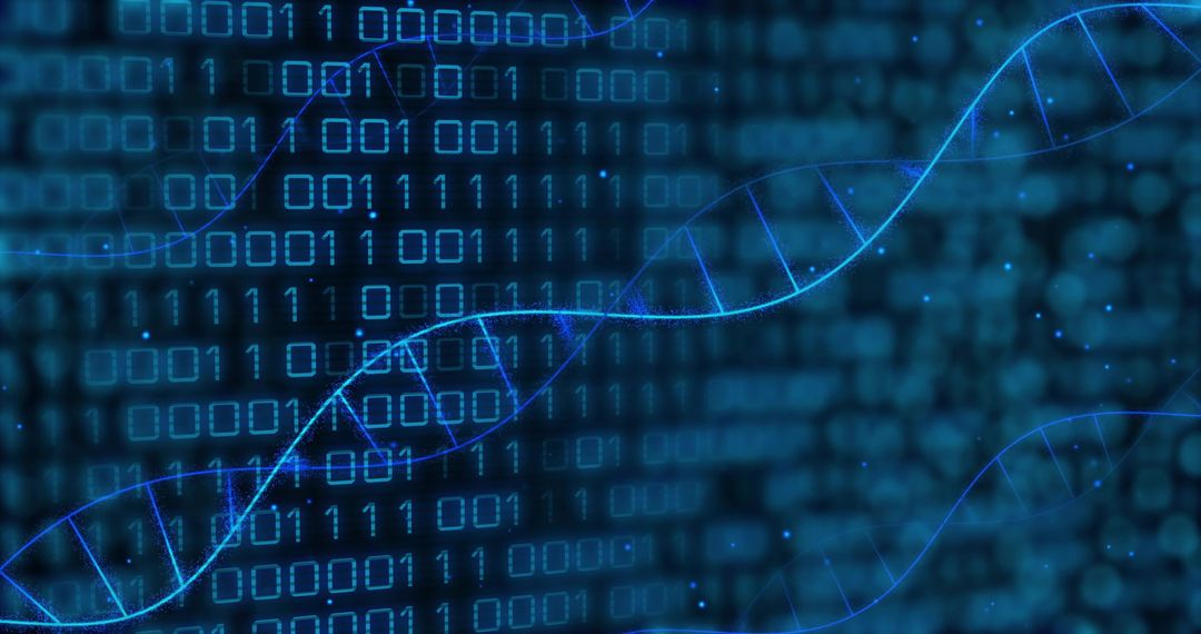Digital DNA Helixes in Glowing Binary Code Matrix
