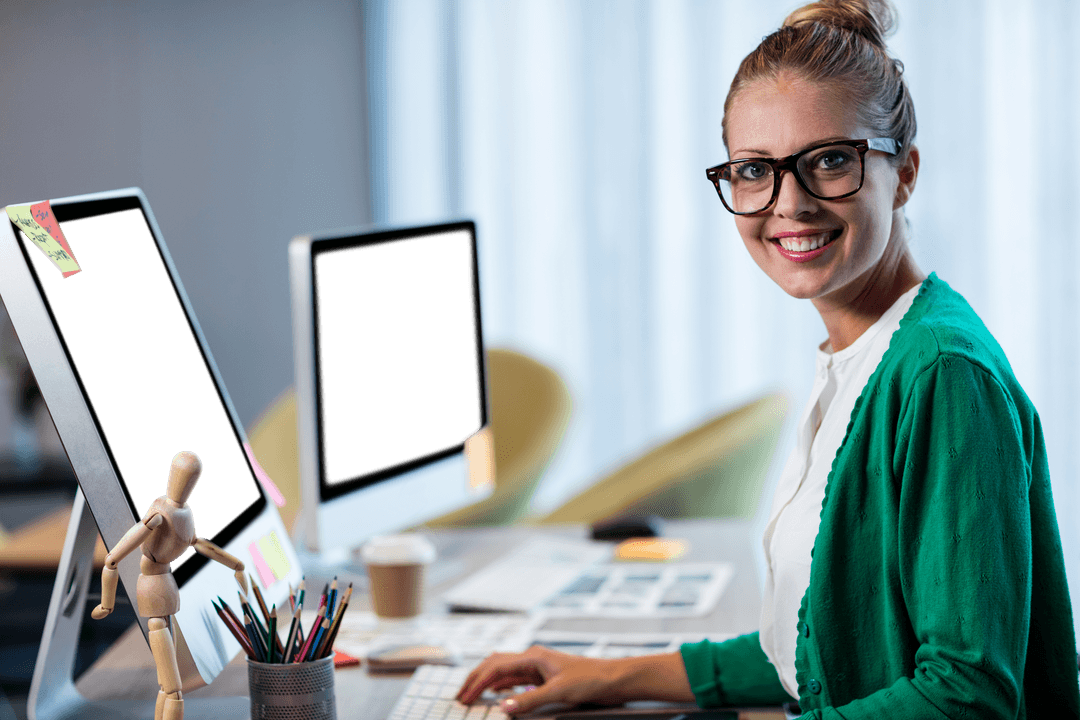 Transparent Background: Woman Smiling While Working at Office
