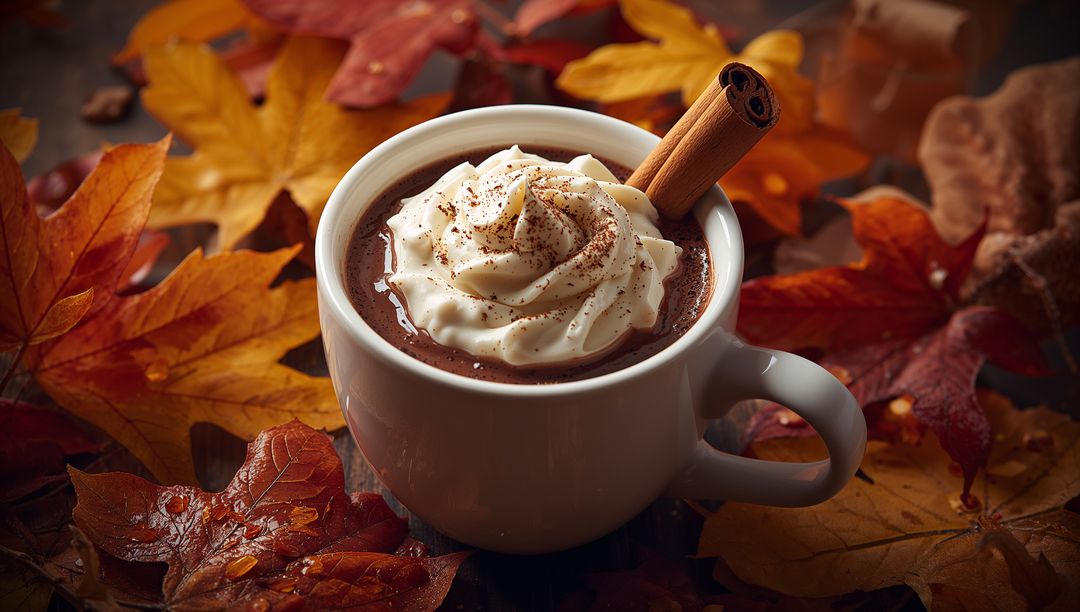 Warm Cup of Hot Chocolate with Whipped Cream and Cinnamon Stick