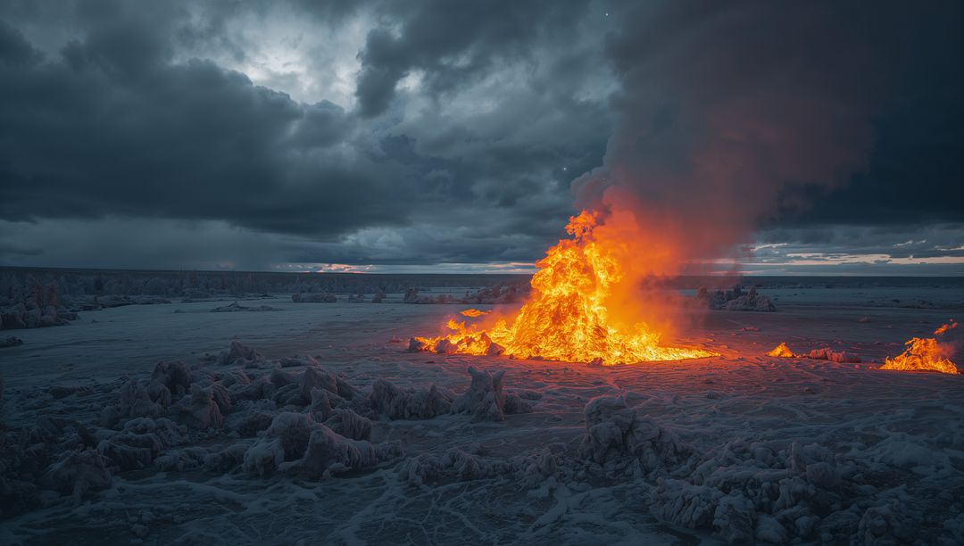 Intense Blaze During Frosty Twilight Transforming Frozen Landscape