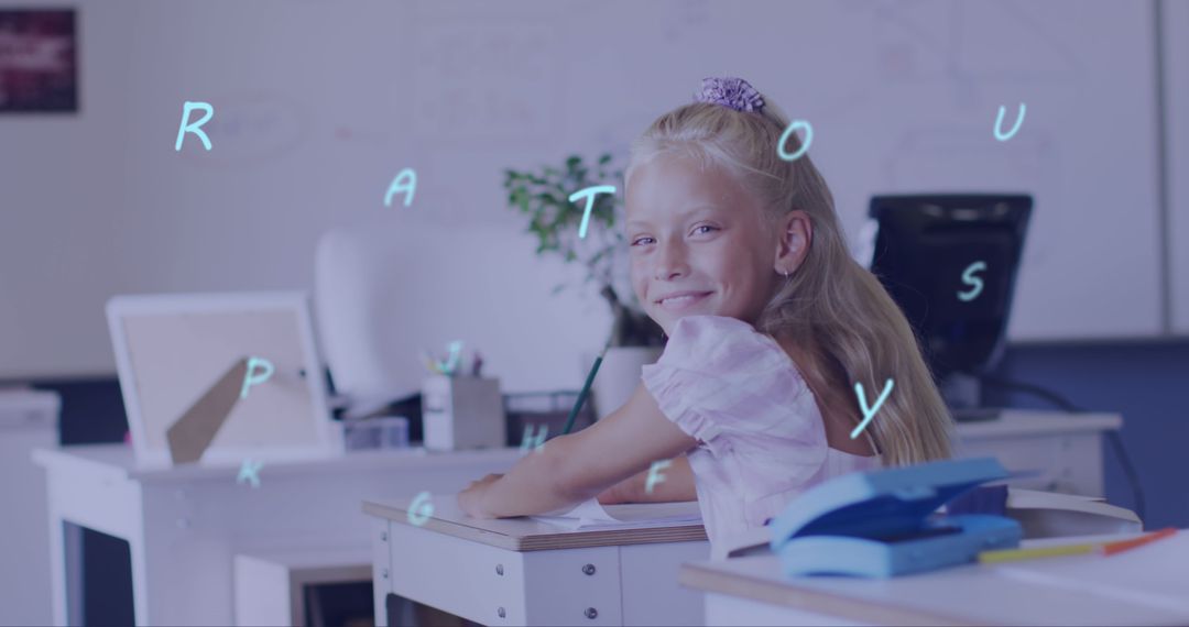 Smiling Girl Learning in Classroom with Floating Letters - Free Images, Stock Photos and Pictures on Pikwizard.com